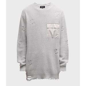 SER.O.YA Distressed Cotton Rib Knit Sweater White XXS Crew Neck Pocket Detail
